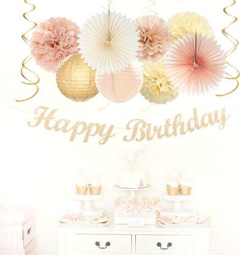Champagne-Gold Beige 21st Happy-Birthday Party-Decorations - 31pcs Sweet 16 18th Women Girls Paper Lanterns Streamers Banner,Tissue Pom Poms Fans Tassels Graland Decor,Fall Boho Rose Backdrop Hugmoon - Image 5