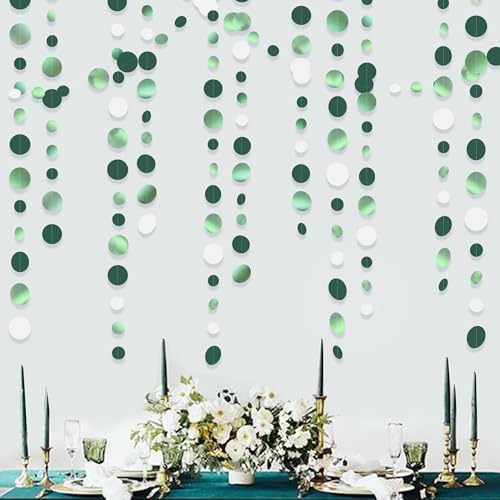 46 Ft Sage Green Party Decorations Metallic Sage Green White Polka Dots Garlands Hanging Paper Circle Dots Streamer for Birthday Engagement Graduation Wedding Party Decorations Supplies - Image 5