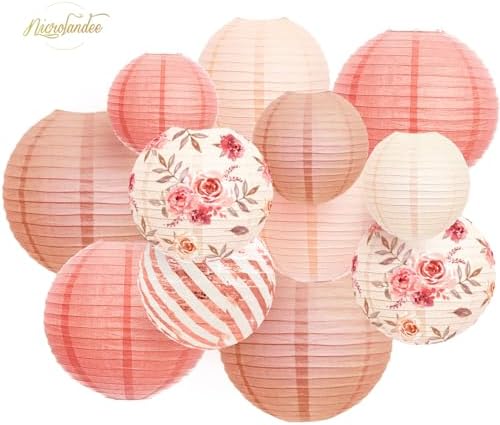 NICROLANDEE Wedding Party Decorations - 12PCS Rose Gold Vintage Floral Paper Lantern Hanging Decorations for Bridal Shower Anniversary Baby Shower Bachelorette Birthday, Valentines Day Party Decor - Image 2