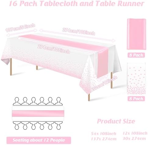 16Pack Disposable Plastic Tablecloths and Satin Table Runner Set White and Pink Dot Table Cloth Gold for Graduation Wedding Engagement Birthday Baby Shower Anniversary Holiday Party Decorations - Image 2