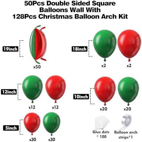 50pcs Red and Green Square Foil Balloons Wall Backdrop with 128pcs Balloon Garland Arch Kit, Christmas Balloons Decorations, Double Sided Balloon for Christmas New Year Xmas Party Decorations - Image 2
