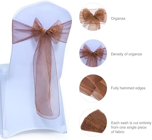 MDS Pack of 125 Organza Chair Sashes for Wedding & Event Décor – Coffee - Image 6