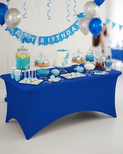 Fixwal 3 Pack 8FT Royal Blue Tablecloth Rectangle Spandex Table Cover - Image 2