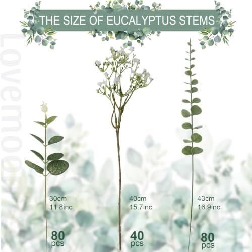 lovemoon 200 Pcs Mixed Greenery Artificial Eucalyptus Stems, Baby Breath Artificial Flowers Bulk and Eucalyptus Leaves for Wedding Bouquets Home Office Floral Decor (200, Green and White) - Image 2