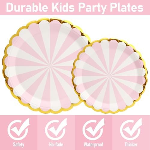 96PCS Pink Party Paper Plates with Gold Scalloped Edge, Pink Scalloped 9inch 7inch Dessert Paper Plates Party Supplies for Birthday Bridal Shower Picnic, Serve for 24 Guests, Striped - Image 4