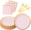 Pink & gold scalloped party plates with napkins and fork gold foil border, 24 Guest Pink disposable Tableware Set Party Decoration for Birthday Coquette Bridal Baby Shower Valentines by Leapig