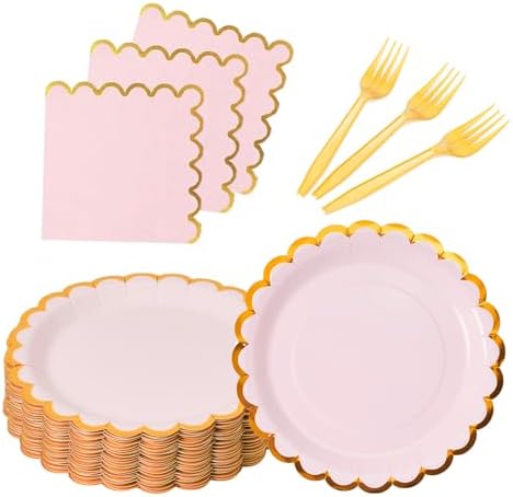 Pink & gold scalloped party plates with napkins and fork gold foil border, 24 Guest Pink disposable Tableware Set Party Decoration for Birthday Coquette Bridal Baby Shower Valentines by Leapig