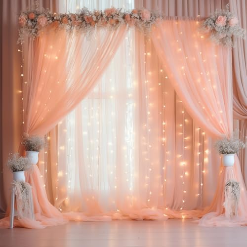 20ft x 10ft Peach Backdrop Curtain with Lights String for Parties, Sheer Tulle Wedding Photo Backdrops Drapes for Baby Shower Birthday Party Decorations Background for Photography by Shillance