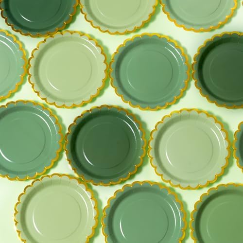 Green mix scalloped party plates with napkins and fork gold foil border, 24 Guest disposable Tableware Set Sage Green Party Decoration for Birthday Coquette Bridal Baby Shower Valentines - Image 5