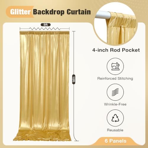 30x10FT Gold Sequin Backdrop Curtain for Party - 6 Panels 5x10FT Wrinkle-Free Shimmer Drapes for Birthday, Wedding, Christmas, Decorations & Photography - Image 2