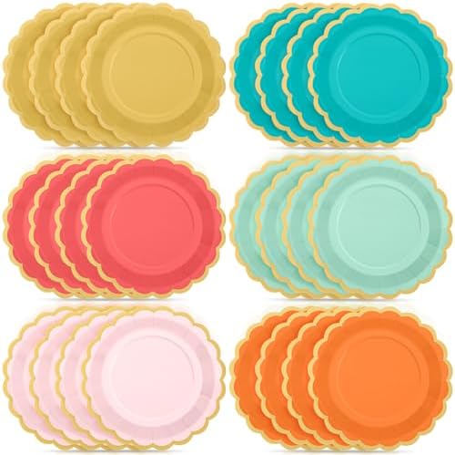 48 Pcs Colorful Coral Paper Plates 9 Inch Scalloped by Tiangrid