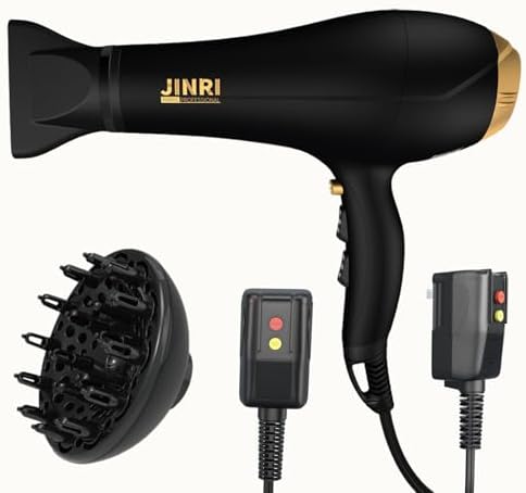 Hair Dryer - JINRI 2000W Diffuser Blow Dryer for Salon & Personal Use – Powerful, Fast Drying with Diffuser & Nozzle for Women & Men, ALCI Safety Plug, Black by Jinri