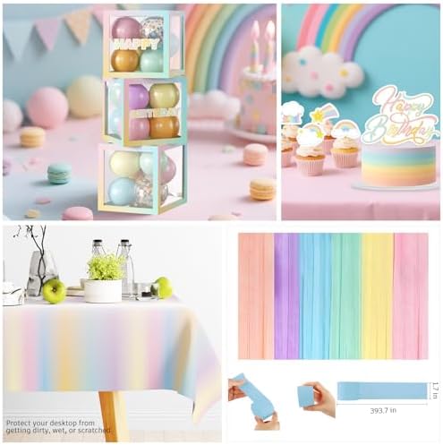 Pastel Rainbow Birthday Decorations Rainbow Theme Banner Balloon Arch Garland Streamer Backdrop, Pastel Rainbow Plates and Napkins with 2 Pcs Pastel Table Cloths - Image 6