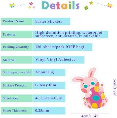OHOME Easter Stickers | 120 PCS Egg Bunny Stickers for Kids -Easter Egg Stuffers - Vinyl Easter Games Crafts Activities Party Favors Basket Stuffers - Kids Gifts for Boys Girls - Image 6