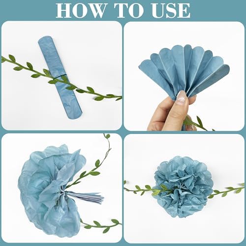 Sage Green Dusty Blue Khaki Beige Tissue Paper Flowers Pom Pom with Leaf Ribbon Hanging Garland Streamer for Birthday Wedding Shower Engagement Silly Goose Themed Party Decorations Supplies - Image 3