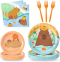 96Pcs Capy Cute Cartoon Animal Orange Party Plates Supplies Tableware Decorations Disposable Paper Plates Napkins Forks for Kids Birthday Baby Shower, Serves 24 by G1ngtar