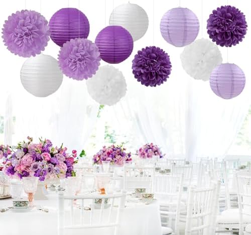 Purple-White Lavender Party Decorations Paper Flowers Lanterns - 15PCS Birthday Graduation Tissue Pom Poms Streamers, Baby Bridal Shower Wedding Retirement Bachelorette Hanging Supplies Decor Hugfond - Image 3