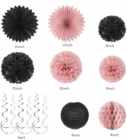 Blush-Pink Black Happy-Birthday Banner Party-Decorations - 31pcs 14th 40th Rose Gold Women Girls Paper Lanterns Streamers,Tissue Paper Flowers Pom Poms Fans Tassel Garland Sign Decor Backdrop Hugmoon - Image 4