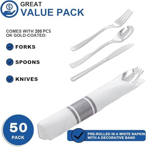 50Pack Pre Rolled Silver Plastic Silverware Set Heavy Duty for Party - Image 3