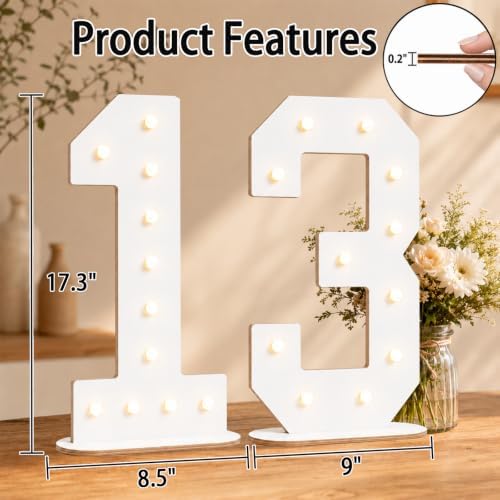 Pooqla 13th Birthday Decorations, 17.3 in White Wooden Light Up Numbers - Image 4