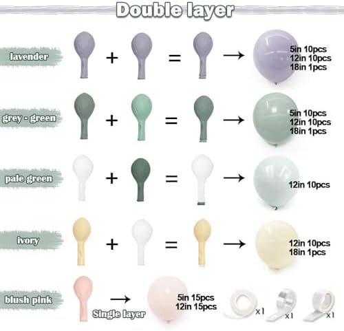 Dusty Green Purple Pink Balloon Arch, Double Stuffed Lavender Light Sage Green Ivory Blush Pastel Balloon Garland Kit for Baby Shower Birthday Wedding Bridal Wild-Flower Tea Party Decoration - Image 4