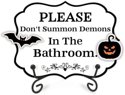 Halloween Table Sign 5x7 Inch Ghost Decor, Rustic Party Centerpiece with Metal Stand & 2 DIY Stickable Wood Decor, Please Don't Summon Demons In The Bathroom Decoration for Home & Party Display - B09 by AMHGLW