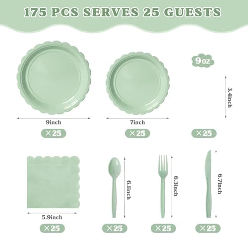 Vyntra 175 Pcs Sage Green Paper Plates and Napkins Party Supplies - Image 2