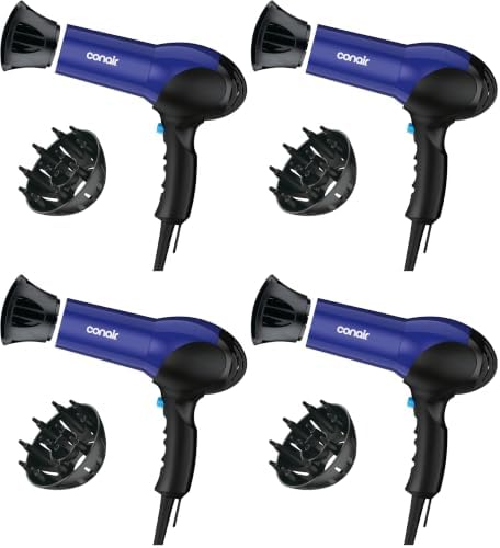 Conair Turbo 1875W Hair Dryer,Ionic Blow Dryer,Diffuser Hair-Dryer for Frizz F-ree Curls&Waves,Fast-Dry-Hair Dryers for Women,Hair-Dryer with Diffuser,Hair-Diffuser&Concentrator,Blue/Black,(Pack of 4) by conair