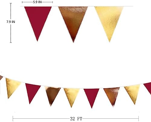 Fall Party Decorations Maroon Gold Brown Metallic Fabric Triangle Pennant Banner Burgundy Flag Bunting Garland for Autumn Thanksgiving Wedding Birthday Bridal Shower Engagement Graduation Garnet Party - Image 2