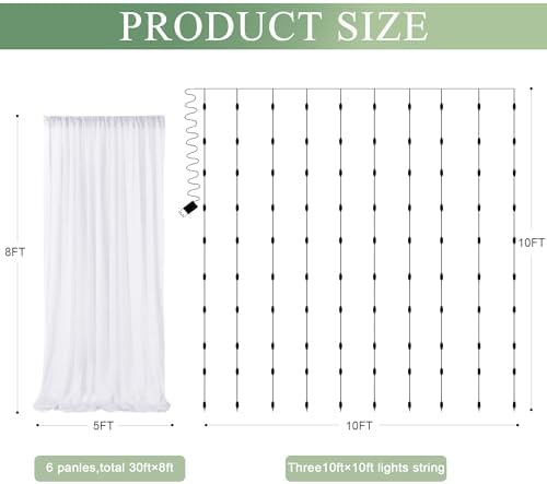 Tulle Backdrop Curtain with Lights 30x8FT White Sheer Tulle Curtain - Image 2