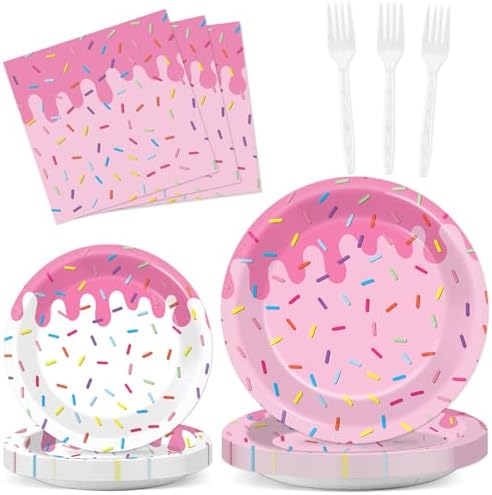 96Pcs Pink Donut Confetti Party Plates and Napkins Themed Decorations Spring Pink Donut Dessert Plates Donuts Tableware Set for 24 Guests Grow Up Themed Baby Shower Party Favors Supplies by CHUNNIN