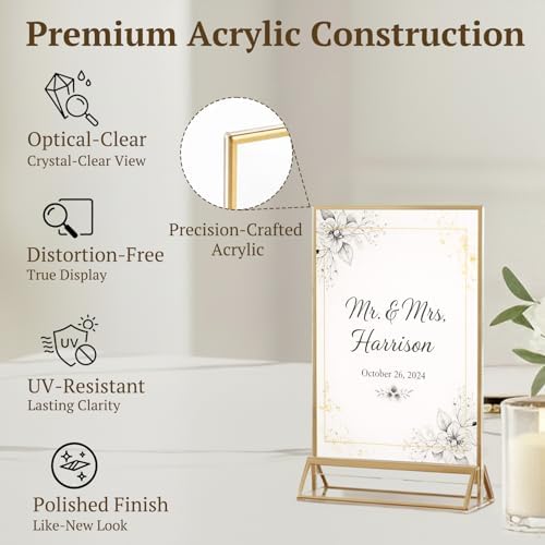 EHWINE 2 Pack Acrylic Sign Holder 4 x 6, Double Sided Gold Picture Frame Stand up Table Top Sign Holders, Clear Display Stand Menu Flyer Holder for Wedding Party - Image 3
