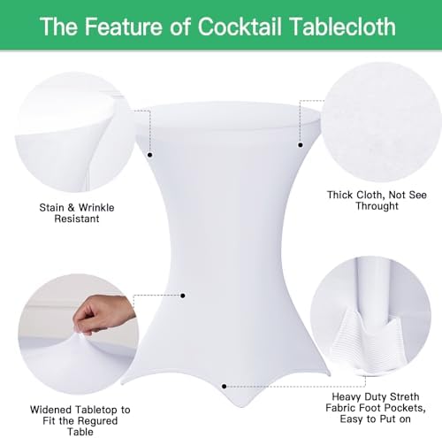 Fixwal 2 Pack Cocktail Tablecloth Bar Top Table Covers Round White Spandex - Image 2