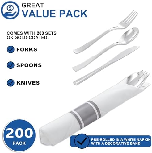 200 Pack Silver Wrapped Silverware Set Disposable for Wedding - Image 4
