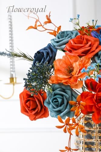 Floweroyal Artificial Flowers Combo Orange Flowers Mix Silk Flowers Dahlia Roses with Stems for DIY Wedding Bridal Bouquets, Baby Shower, Floral Arrangement, Table Centerpieces, Home Decorations. - Image 2