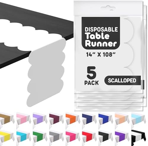 White Scallop Table Runner, Disposable Plastic, 5 Pack, 14x108in by Swanoo