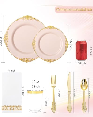 Nervure 350Pcs Pink Plastic Plates, Plastic Dinnerware Set for 50 Guests - Image 3