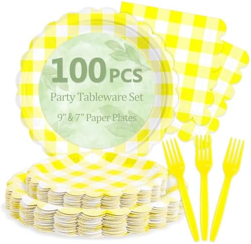 100 Pcs Yellow Gingham Paper Plates and Napkins Disposable Set for Party by Mulbozy