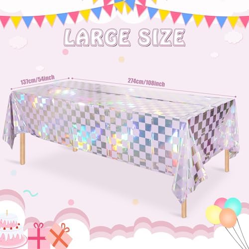 6Pack Iridescent Checkered and Purple Plastic Tablecloths Shiny Disposable Laser Rectangle Table Covers Holographic Foil Tablecloth Iridescent Party Decorations Birthday Bridal Baby Shower, 54x108Inch - Image 2