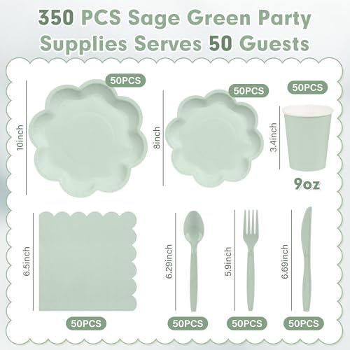 350 Pcs Sage Green Paper Plates and Napkins Set, Tableware Set for 50 Guest - Image 2