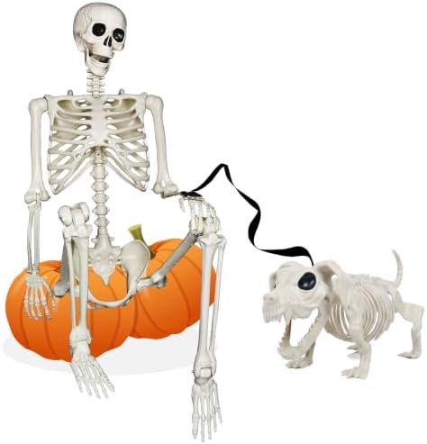 NEROSUN 5.4FT Halloween Skeletons Decoration, Posable Life Full Size Skeleton with Dog Skeleton, Realistic Plastic Human Bones for Halloween Props Haunted House Graveyard Party Decor by NEROSUN