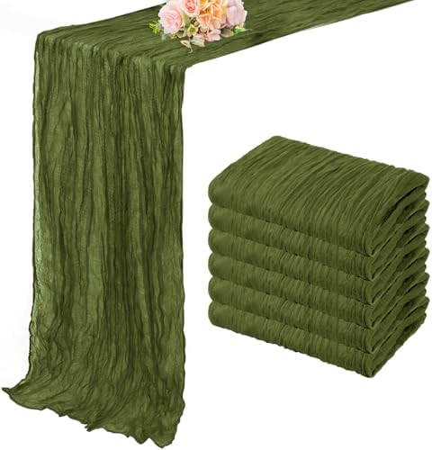 6 Pack Olive Green 10FT Cheesecloth Table Runner Rustic Gauze Cheese Cloth Table Runner for Wedding Bridal Baby Shower Table Decorations Boho Fabric Sheer Birthday Party Decor 20 x 120 Inch Long by FoliafeelHome