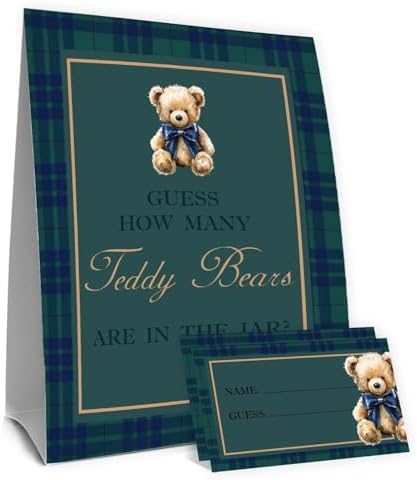 Teddy Bear Baby Shower Decorations,Plaid Guess How Many Baby Shower Game,Guess How Many Teddy Bears are in the Jar, Polo Bear Birthday Party Game & Activities 50 Cards and Sign by Unknown