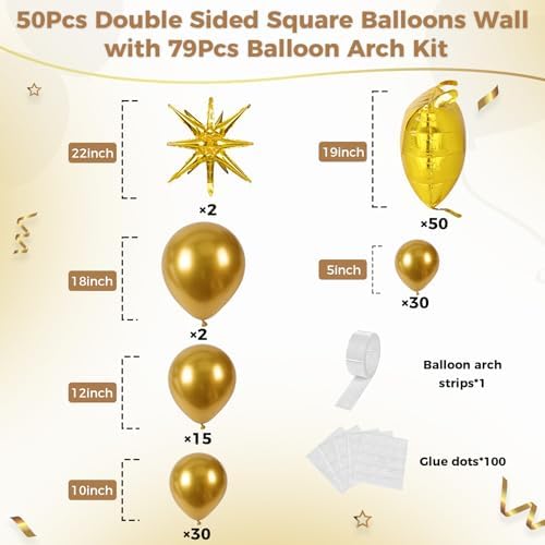 50pcs Metallic Gold Square Foil Balloons Wall Backdrop with 79pcs Metallic Gold Balloon Garland Arch Kit, Double Sided Balloon Tunnel for Anniversary Graduation Birthday New Year Decorations - Image 2