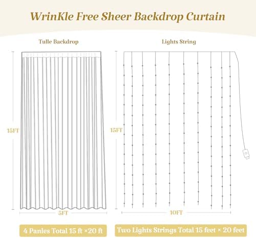 20ft x 15ft Champagne Tulle Backdrop Curtain with Lights String for Parties Wedding Bridal Shower Sheer Champagne Curtain Backdrop for Birthday Party Baby Shower Photo Booth Decorations - Image 4