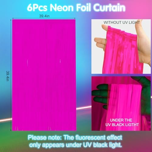 6 Pack 3.3Ft x 6.6Ft Hot Pink Glow in The Dark Foil Fringe Curtain Backdrop Party Supplies, Fluorescent Macaron Metallic Tinsel Foil Streamers Curtain Photo Booth for Neon Birthday Party Decorations - Image 2