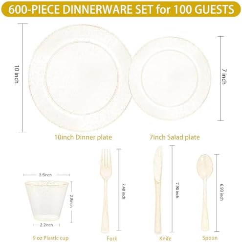 WELLIFE 600 PCS Gold Glitter Disposable Dinnerware Set for 100 Guests, Plastic Plates for Party, Including 100 Dinner Plates, 100 Salad Plates,Cups,Silverware Set for Wedding and Party Supplies - Image 4
