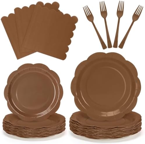 100Pcs Brown Plates and Napkins Party Supplies,25 Guests Disposable Brown Scalloped 9inch Plates,7inch Dessert Plates and Napkins and Forks Tableware for Birthday,Fall,Wedding,Rustic Parties by CENLBJ