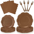 100Pcs Brown Plates and Napkins Party Supplies,25 Guests Disposable Brown Scalloped 9inch Plates,7inch Dessert Plates and Napkins and Forks Tableware for Birthday,Fall,Wedding,Rustic Parties by CENLBJ
