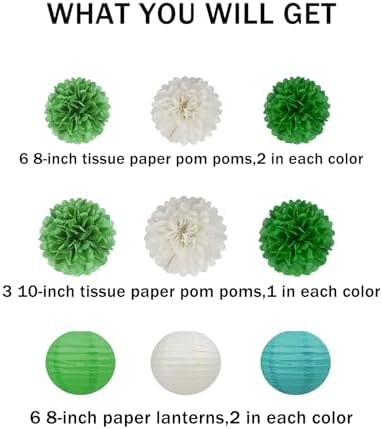 White Green Party Decoration - 15Pcs Tissue Pom Poms Paper Flowers Paper Lanterns Dinosaur Theme Birthday Baby Shower Forest Party Hanging Decor HongTongTong - Image 2